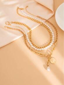 3 pièces set de pièces de monnaie métalliques à la mode, têtes de beauté, boucles OT, collier pendentif en forme de cœur, ensemble de chaîne multi-couches simple avec perles pour le collet, ensemble de bijoux pour femmes, bijoux d'été pour la plage, convient pour les fêtes, les cadeaux aux amis et à la famille, le port quotidien