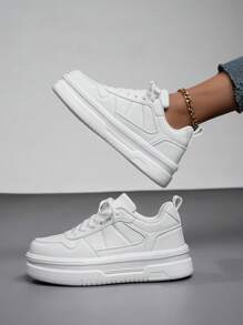 Women's Simple Pure White Leather Patchwork Lace-Up Casual Flat Sneakers, Comfortable Street Casual Outdoor Campus Sports Shoes