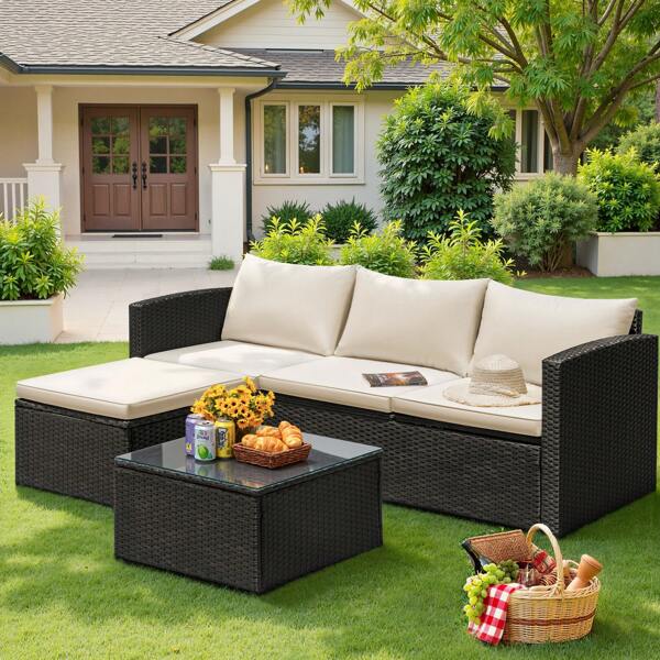 Furniwell 5 Pieces Patio Furniture Sets All Weather Outdoor Sectional Patio Sofa Manual Weaving Wicker Rattan Patio Seating Sofas With Cushion And Glass Table,Freely Combined