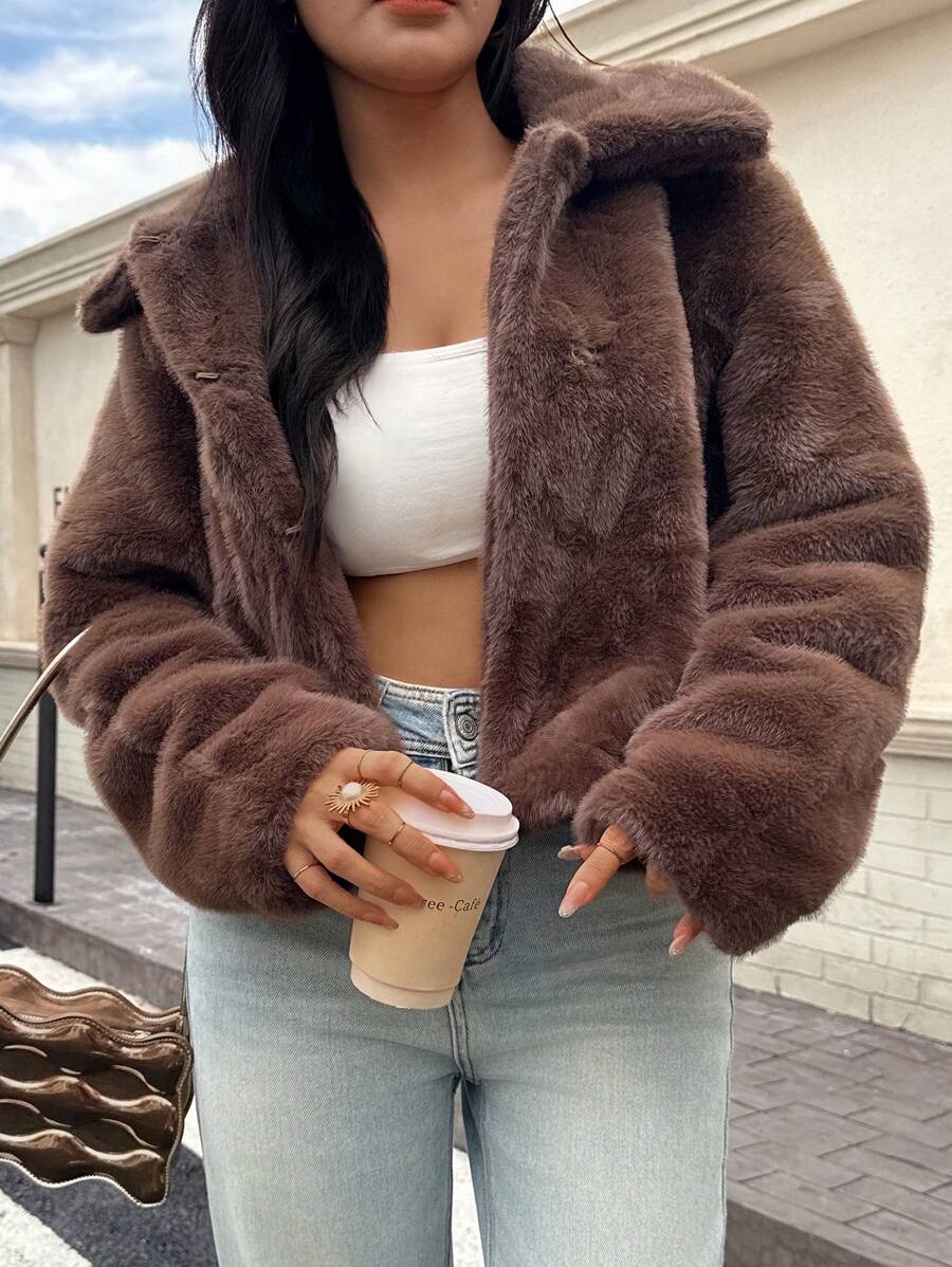 DEEKA 冬季新款仿貂皮草大衣女短款宽松修身高端加厚毛茸茸外套 - 棕色 - 查看 1