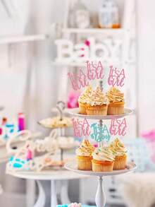 12 件 - 婴儿洗礼派对“是个女孩”装饰品，女孩主题蛋糕装饰，配有皇冠亮片蛋糕夹，适合婴儿洗礼女孩生日，婴儿性别揭晓派对蛋糕装饰用品。