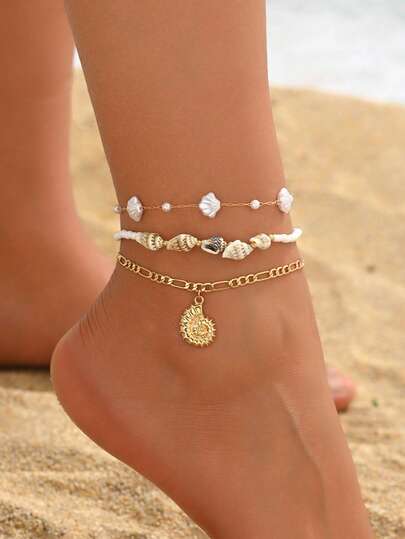 3pcs/Set Summer Faux Pearl Shell & Conch Anklet, Fashion Gold Color Natural Conch Pendant Foot Jewelry Suitable For Daily Outing, Party, Beach Vacation Wear. Handcraft Chain Can Be Customized Length, Natural Shell Pattern & Size Random.