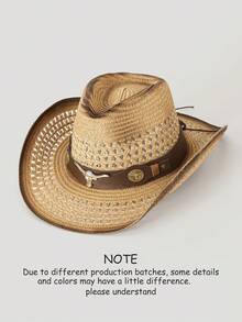 1pc Women Western Cowgirl Gradient Print Decor Faux Leather Band Sun Hat, Fashionable Unisex Spring/Summer Versatile Sun Protection Beach Hat