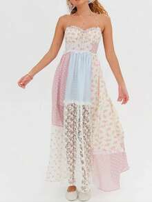 Women Spaghetti Strap Floral Maxi Dress Y2k Halter Lace Trim Tie Up Ruffle Long Dress Summer Boho Flowy Sundress - 彩色 - 查看 7