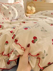 4pcs Lace Bedding Set, Soft & Comfortable Bedroom Linens, Lace Design, Cute Floral, Strawberry, Rabbit Pattern, Breathable & Soft All Season Bedding Set Including 1 Duvet Cover, 1 Bed Sheet, 2 Pillow Shams, No Filling, Suitable For Bedroom, Dorm, Home Use, Multiple Sizes Available - White - View 5