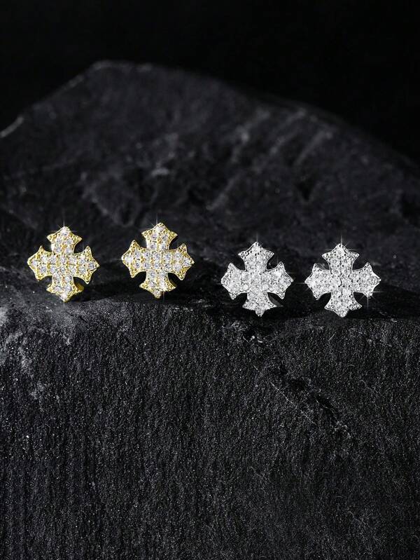 1 par de 2 piezas de aretes con escudo de estilo punk con rhinestones, aretes unisex chapados en cobre con circonita cúbica geométrica, adecuados para uso diario y fiestas, de vuelta a la escuela, Halloween, regalos de Navidad