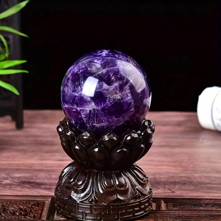 0,6kg/0,8kg Esfera de Ametista Natural Polida - Decoração de Mesa Vintage para Casa/Escritório, Exposição de Pedra Bruta com Suporte de Madeira, Bola de de Ametista Roxa Sonhadora para Meditação e Espiritualidade