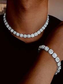 Set de 2 piezas: Collar de eslabón cubano con diamante redondo estilo streetwear clásico + Pulsera, excelente para el Día de la Madre, San Valentín, regalo de Año Nuevo