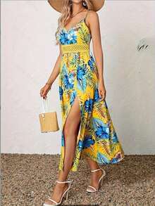 Tropical Print V-Neck Lace Dress, Thigh Slit Summer Dress With Spaghetti Straps - 黃色 - 查看 1
