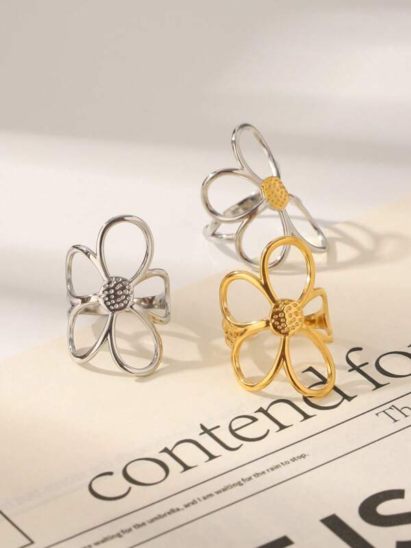 1pc, 18k Golden Plated, Stainless Steel Hollow Flower Open Ring, Classic Luxury Stainless Steel Women's Jewelry, Wedding And Graduation Holiday Gift