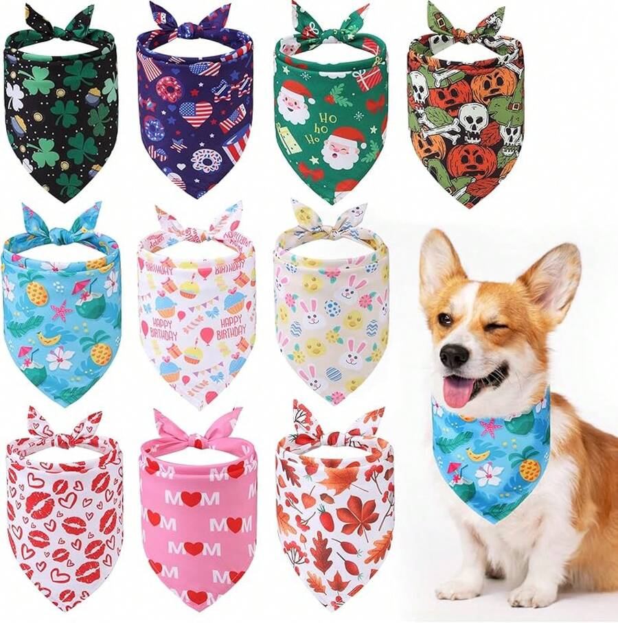 Holiday Dog Bandanas 10 Packs, Easter Dog Bandana Pet Triangle Scarf Festival Style, Seasonal Bandanas 4th Of July Pet Bandana Birthday For Small To Large Dogs Puppies Cats - Holiday-classic(10 Pcs) - View 1