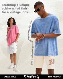 Mens Oversized T Shirts Vintage Cotton Acid Wash Heavyweight Loose Fit Tees Shirts Unisex Basic Tops For Men Women - 玫瑰 - 查看 3