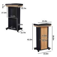Podium Stand, Holz Podium mit Rädern, Lectern mit Lagerung, Mikrofon Stand Platz, 15MM Partikelplatte, Holz Kanzel für Restaurants, Kirchen, Seminare und Schulen, Das Podium verfügt über einen eleganten schwarzen Körper, ergänzt durch natürliche Holzfarbenen Platten und eine Oberfläche, die einen anspruchsvollen und eleganten Look bietet. Die Oberfläche ist mit einer doppelschichtigen Struktur ausgebildet, die sowohl die Stabilität als auch die Ästhetik verbessert. Das Podium ist mit minimalen Komponenten konzipiert, wodurch die Montage extrem einfach und schnell ist