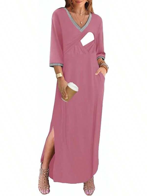 Womens Nursing Dresses 3/4 Long Sleeve Striped V Neckline Loose Fit Split Beach Long Maxi Dress With Pockets