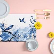 Set de 4 o 6 individuales, decoración del hogar, individual de lino estilo moderno de porcelana azul y blanca impresa, adecuado para mesas de comedor, decoración versátil de temporada en primavera, verano, otoño e invierno, individual de mesa lavable de estilo moderno, resistente al calor, resistente a las manchas, decoración de habitación, individual, posavasos, individual de mesa de cocina, decoración de fiesta, decoración del hogar, regalo ideal