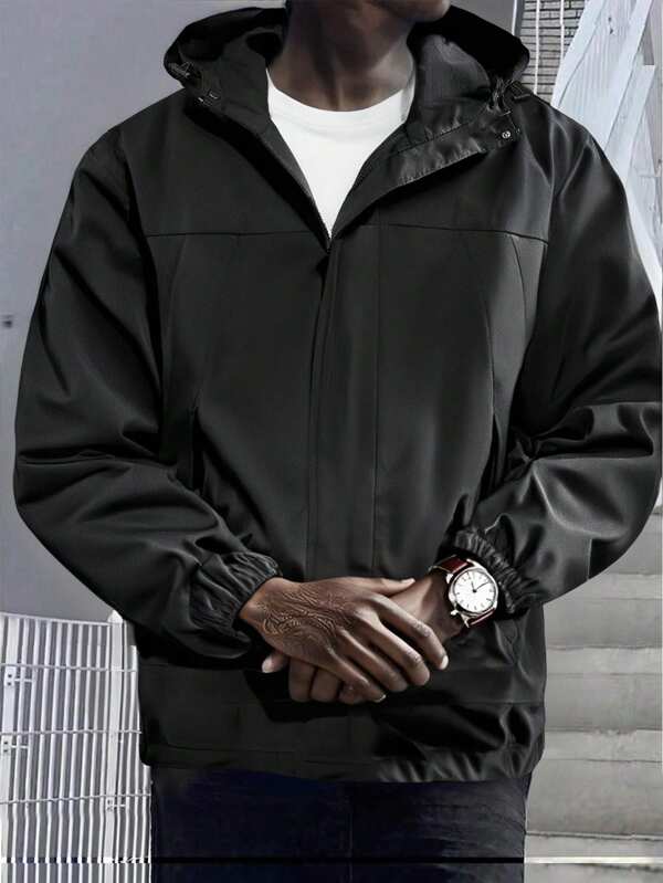 1pc Men's Casual Sports Style Hooded Jacket With Zipper And Pockets, Solid Color