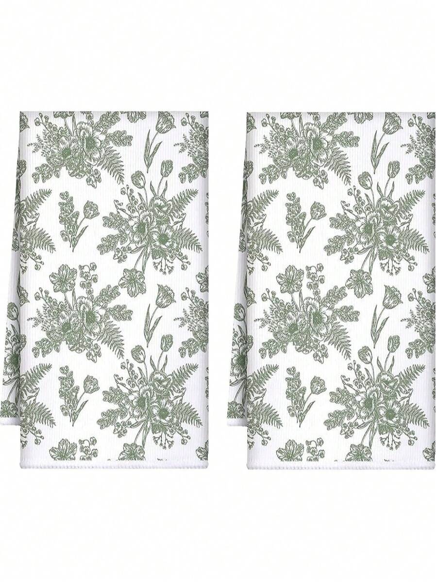 2 Pcs Wildflower Kitchen Towels, 16x24 Inch Vintage Hand Towels Absorbent Plant Floral Dish Towels, Farmhouse Kitchen Bathroom Decorations - 綠花2 - 查看 1