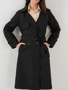 简约纯色休闲纽扣口袋长袖女式风衣 - 黑色 - 查看 2