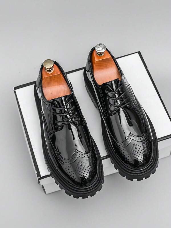 Men's Thick Sole Elevator British Style Formal Dress Leather Shoes, Patent Leather Round Toe Luxurious Brogues Casual Shoes, Slip-On Soft Bottom Loafers, Suitable For Banquets, Parties, Students Taking Graduation Photos