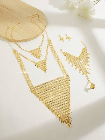 Juego de joyas de lujo vintage elegante chapado en oro de 14K para mujeres, incluye collar, aretes, pulsera, anillo, adecuado para Nigeria, Dubái, Oriente Medio, Arabia Saudita, ideal para novia, boda, uso diario, aniversario, regalo de Halloween