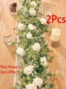 6.5ft Artificial Eucalyptus Garland With White Roses & Green Foliage - Elegant Faux Floral Greenery Vine For Wedding Table Centerpieces, Party Decor, And Valentine's Day Room Accents, Romantic Table Setting | Romantic Atmosphere Enhancer | Realistic Leaf Design, Flower Decorations - One Size - View 15