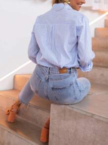 Corset Style Long Sleeve Casual Blouse For Women, Regular Fit With Shell Button Front