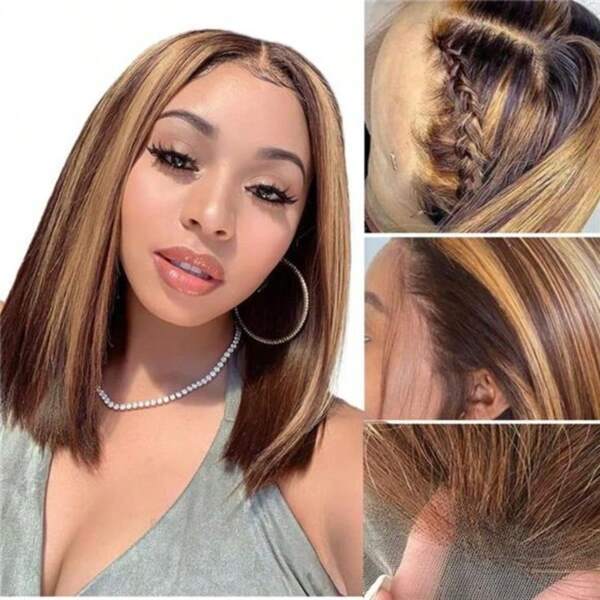 Perruque droite élégante ombré P4/27 Bob - Densité 200% Dentelle transparente HD 13x4, Pré-épilée avec cheveux bébé, Sans colle, Cheveux humains mélangés pour femmes, Style Bob longueur épaule, Look naturel, Perruque cheveux courts 8-14 pouces