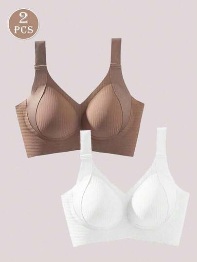 Set de 2 sujetadores sin costuras con recogida para mujeres, sujetadores invisibles, con almohadillas extraíbles, sujetadores ajustados a la piel en color piel, sujetadores cómodos y casuales con elevación inalámbrica, sujetadores básicos sólidos negros ajustables, ropa interior de cobertura total para uso diario, camiseta con sujetador invisible