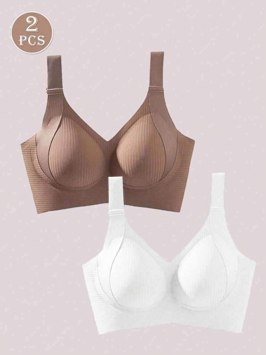 2件套女士无缝聚拢文胸，隐形文胸，可拆卸胸垫，裸色紧身文胸，休闲舒适提拉无钢圈文胸，基础款纯黑色可调节文胸，全罩杯日常内衣，隐形文胸吊带背心 - 彩色 - 查看 1