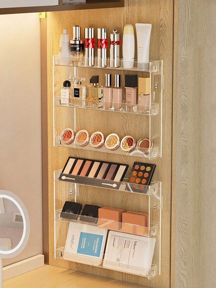 1pc 3-Tier Wall Mount Display Shelf, Acrylic Cosmetic Storage Box Organizer, No Drill Needed - Transparent - View 1