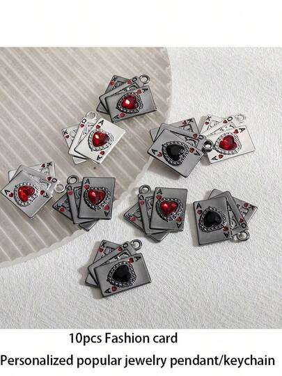 Juego de 6 piezas/10 piezas Moda Encanto Color aleatorio Diseño clásico de tarjeta de juego con incrustación de corazón de piedra sintética Estilo Y2K Colgante/Llavero de aleación esmaltada con cierre de langosta Adecuado para hacer joyas DIY, llavero, decoración de mochila, aretes, tobillera, suministros de artesanía