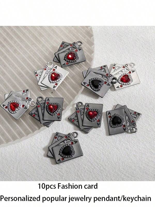6pcs/10pcs Fashion Charm Random Color Creative Classic Playing Card Heart Inlay Synthetic Stone Design Y2K Alloy Enamel Pendant/Keychain Lobster Clasp Suitable For Jewelry Making DIY Necklace, Keychain, Backpack Decor, Earrings, Anklet, Craft Supplies
