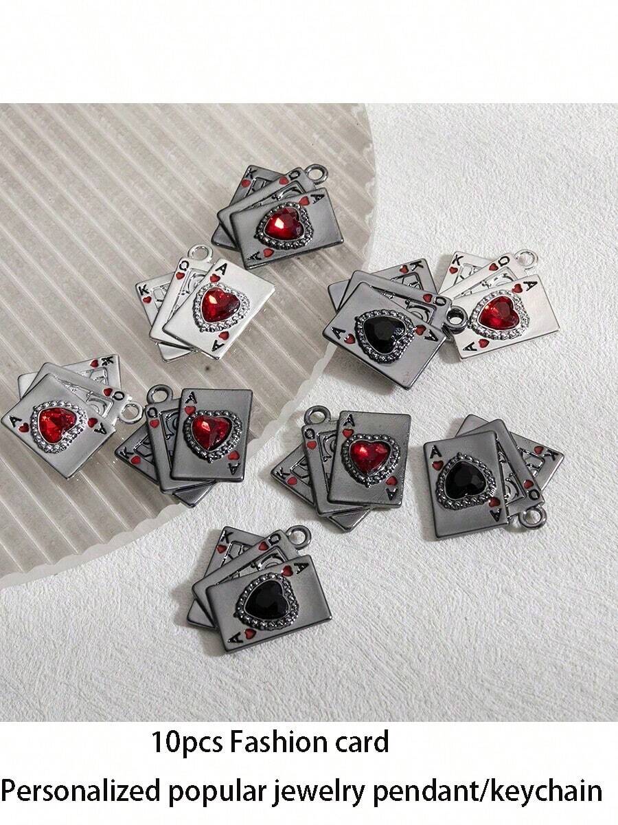 6pcs/10pcs Fashion Charm Random Color Creative Classic Playing Card Heart Inlay Synthetic Stone Design Y2K Alloy Enamel Pendant/Keychain Lobster Clasp Suitable For Jewelry Making DIY Necklace, Keychain, Backpack Decor, Earrings, Anklet, Craft Supplies - Multicolor - View 1