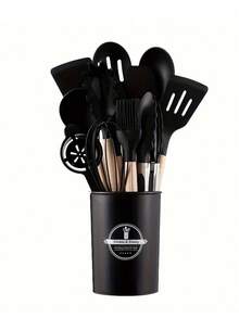 Juego de 14 utensilios de cocina con mangos de madera, que incluye espátula, cuchara y pincel para aceite con recipiente de almacenamiento. Utensilios resistentes al calor ideales para cocinar y hornear en el hogar. - Multicolor - Ver 7