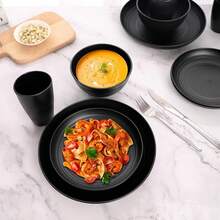 Plastic Plates And Bowls Sets, Dishwasher And Microwave , Reusable, Lightweight Unbreakable Dinnerware Sets 8, 32 Pcs - Kitchen, Camping, Outdoor, RV - Wheat Straw Look - 黑色 - 查看 2