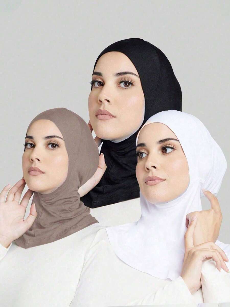 3 Piece Women's Fashion Solid Color Combo Set Including: Elastic Chin Cover, Hijab, And Head Scarf, Suitable For Daily Wear, With Abaya For Dress