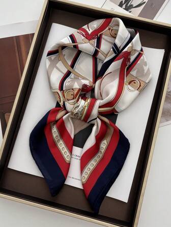 1 Pc Women's Luxury Chain Print Bandana Scarf, 27.6*27.6 Inch, Ideal For Daily Wear In Spring