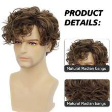 Short Brown Wigs For Men Curly Layered Natural Looking Side Part Hair Heat Resistant Synthetic Wigs With Wig Cap A Greyish-White Men's Wig