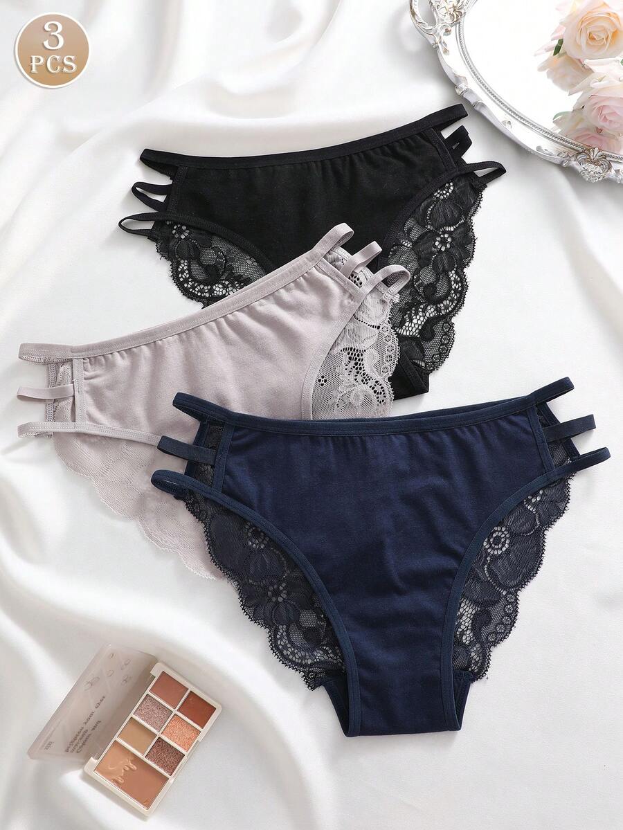 3pcs Breathable Romantic Sexy Lace Panel Women's Hipster Panties - Multicolor - View 1