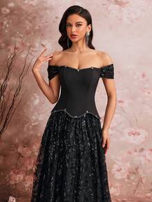 Women's Elegant Evening Gown, Luxurious Beaded Formal Party Dress, Custom-Made Strapless Maxi Dress With Oversized Skirt And Back Tie, Suitable For Parties, Graduations, Weddings, Galas, And Formal Events - Black - View 7