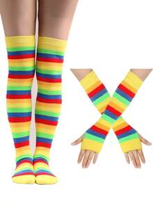 1 Set Knitted Rainbow Striped Leg Warmers & Gloves Set, Fashionable Creative Style, Skin-Friendly & Soft, Fits Teens & Women, Suitable For All Seasons - Multicolor - View 5
