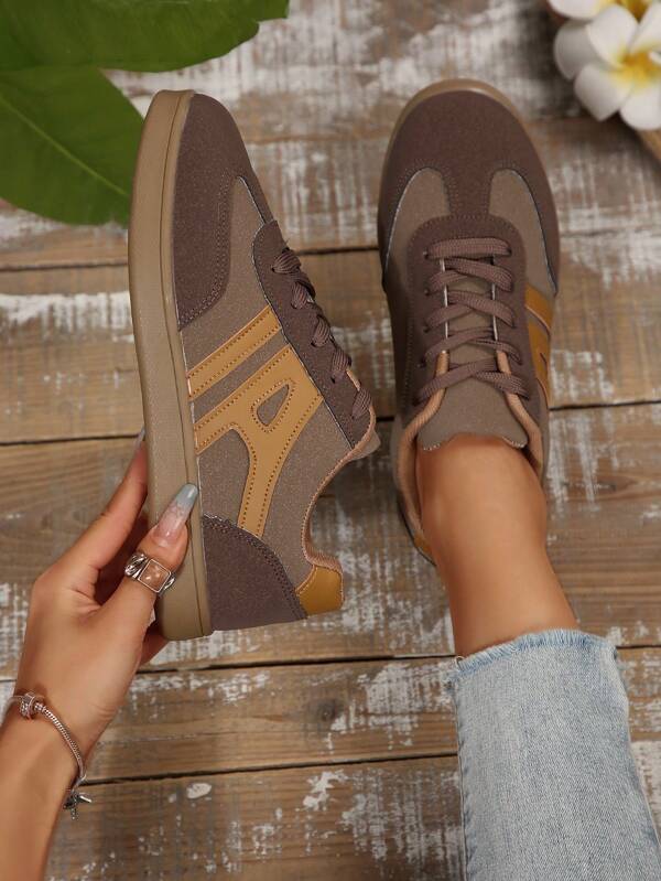 1 Paar unisex Modeschuhe, braunes geometrisches Muster PU Leder Obermaterial, Retro Rundkappe Schnürung, Lässig Sportschuhe für Damen