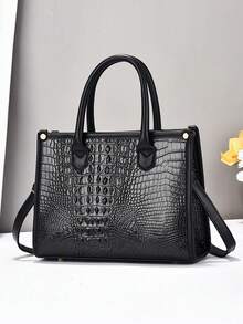 3件套大容量鳄鱼压纹女士手提包组合包，商务休闲单肩手提包配女士钱包，母亲节礼物 - 黑色 - 查看 4