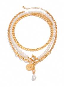 3 pièces set de pièces de monnaie métalliques à la mode, têtes de beauté, boucles OT, collier pendentif en forme de cœur, ensemble de chaîne multi-couches simple avec perles pour le collet, ensemble de bijoux pour femmes, bijoux d'été pour la plage, convient pour les fêtes, les cadeaux aux amis et à la famille, le port quotidien