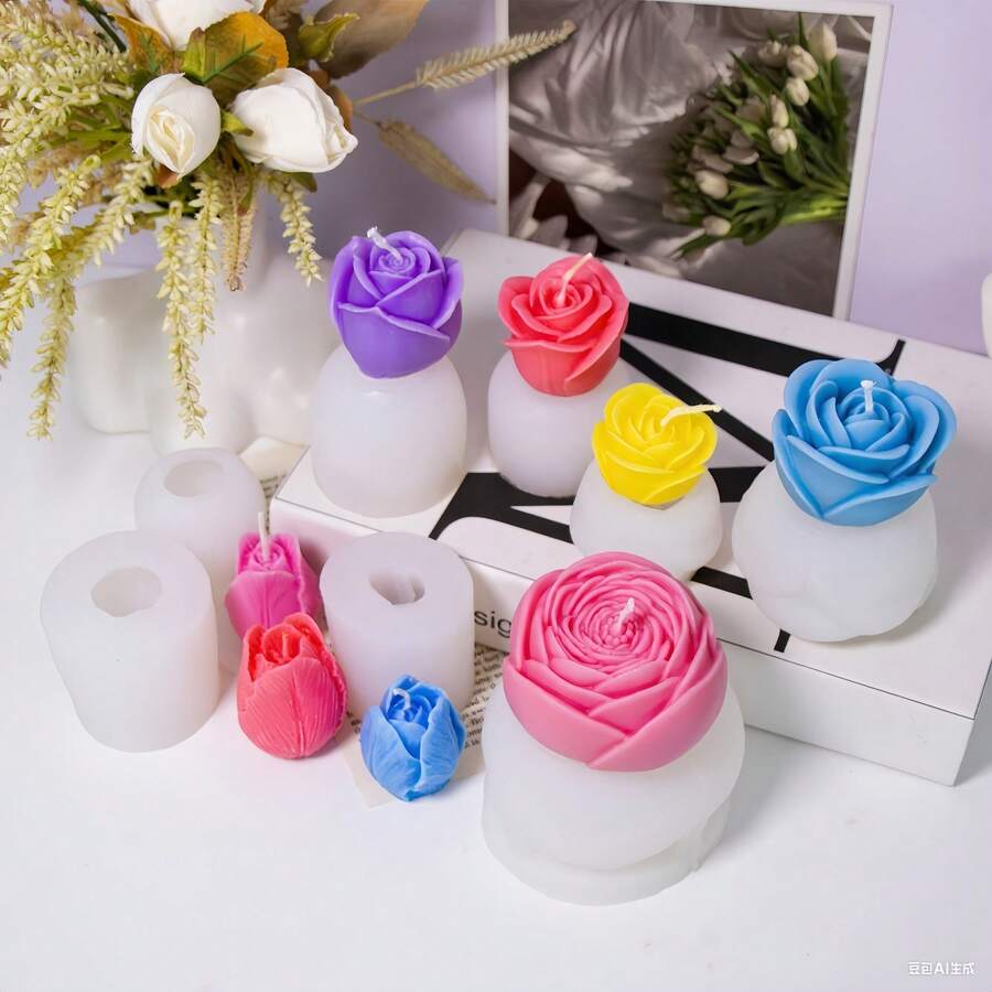 优雅的 3D 玫瑰、郁金香和牡丹硅胶模具 - 适用于蜡烛/树脂/石膏/粘土 | DIY 花卉工艺品、家居装饰和礼品制作