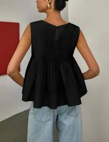 Womens Summer Pleated Peplum Sleeveless Blouse Tops Round Neck Y2K Babydoll Blouse Shirt - Darkgreen - View 8