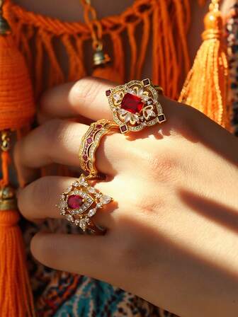 Charm-In Anello di lusso placcato in oro 18k con pietra in zirconia rossa, design esagerato, regalo di moda per le donne, adatto per San Valentino