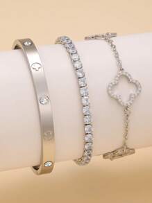 Pulsera de acero inoxidable con trébol de cuatro hojas de circonita en estilo retro personalizado, joyería de uso diario para mujeres