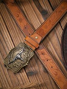 Pasek w stylu kowbojskim w stylu western, 1 szt., materiał PU z nadrukowanym wzorem, odpowiedni dla mężczyzn, kobiet i nastolatków, na co dzień i w stylu retro, pasujący do jeansów - wół - Zobacz 10