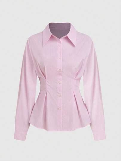 Camisa elegante y minimalista con cierre de botones delanteros, cintura ceñida, a rayas rosa y blanco, cuello de camisa, ajuste regular, para primavera/otoño